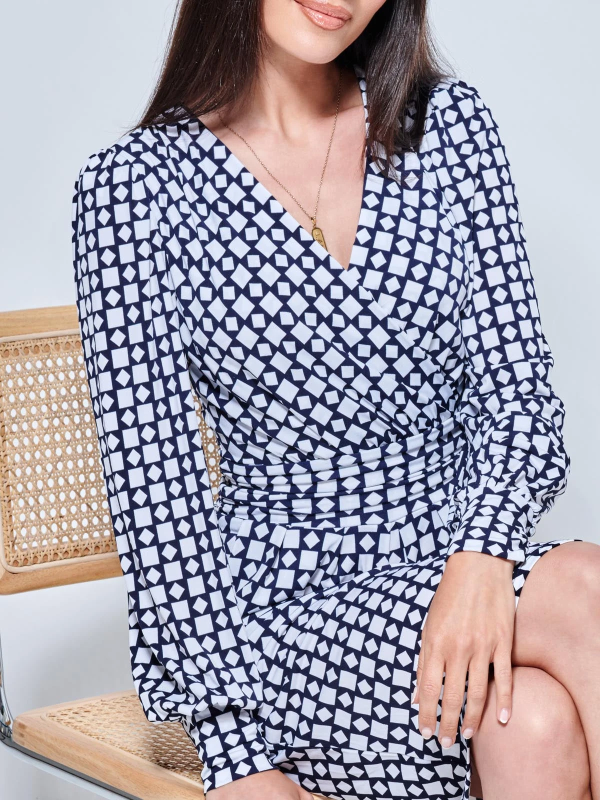 Print Long Sleeve Pegged Dress, Navy Geo 4 Print Long Sleeve Pegged Dress, Navy Geo - Image 4