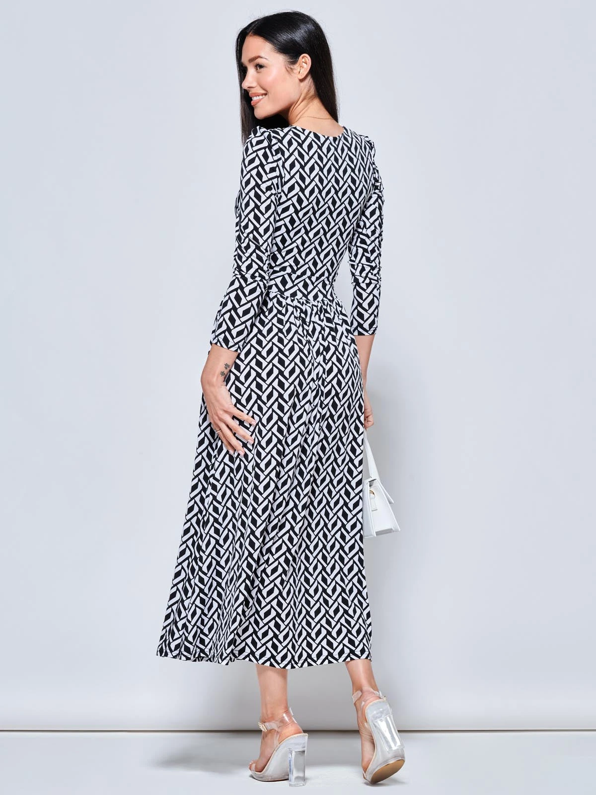 Geometric Print Long Sleeve Maxi Dress, Black Geo 2 Geometric Print Long Sleeve Maxi Dress, Black Geo - Image 2