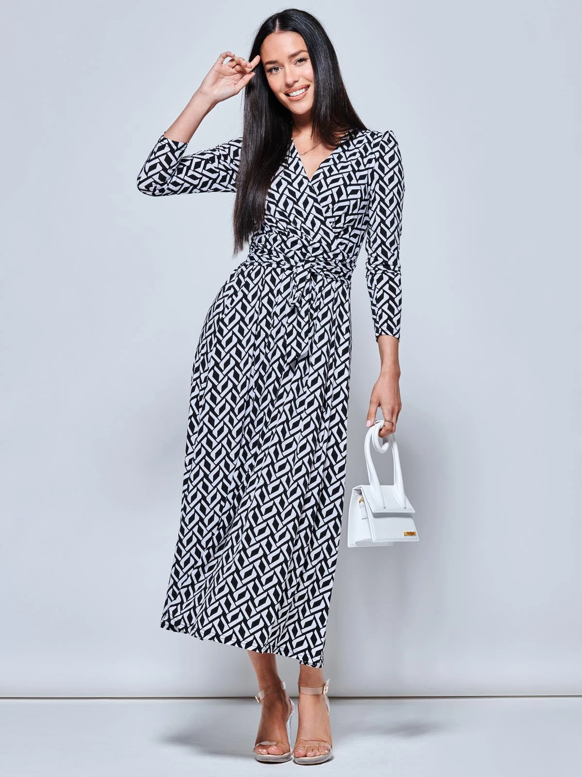 Geometric Print Long Sleeve Maxi Dress, Black Geo 5 Geometric Print Long Sleeve Maxi Dress, Black Geo - Image 5