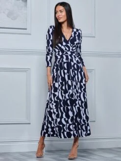 Geometric Print Long Sleeve Maxi Dress, Navy Geo 8 Geometric Print Long Sleeve Maxi Dress, Navy Geo -DORIA Clothing Shop G5041331 NavyGeo 1