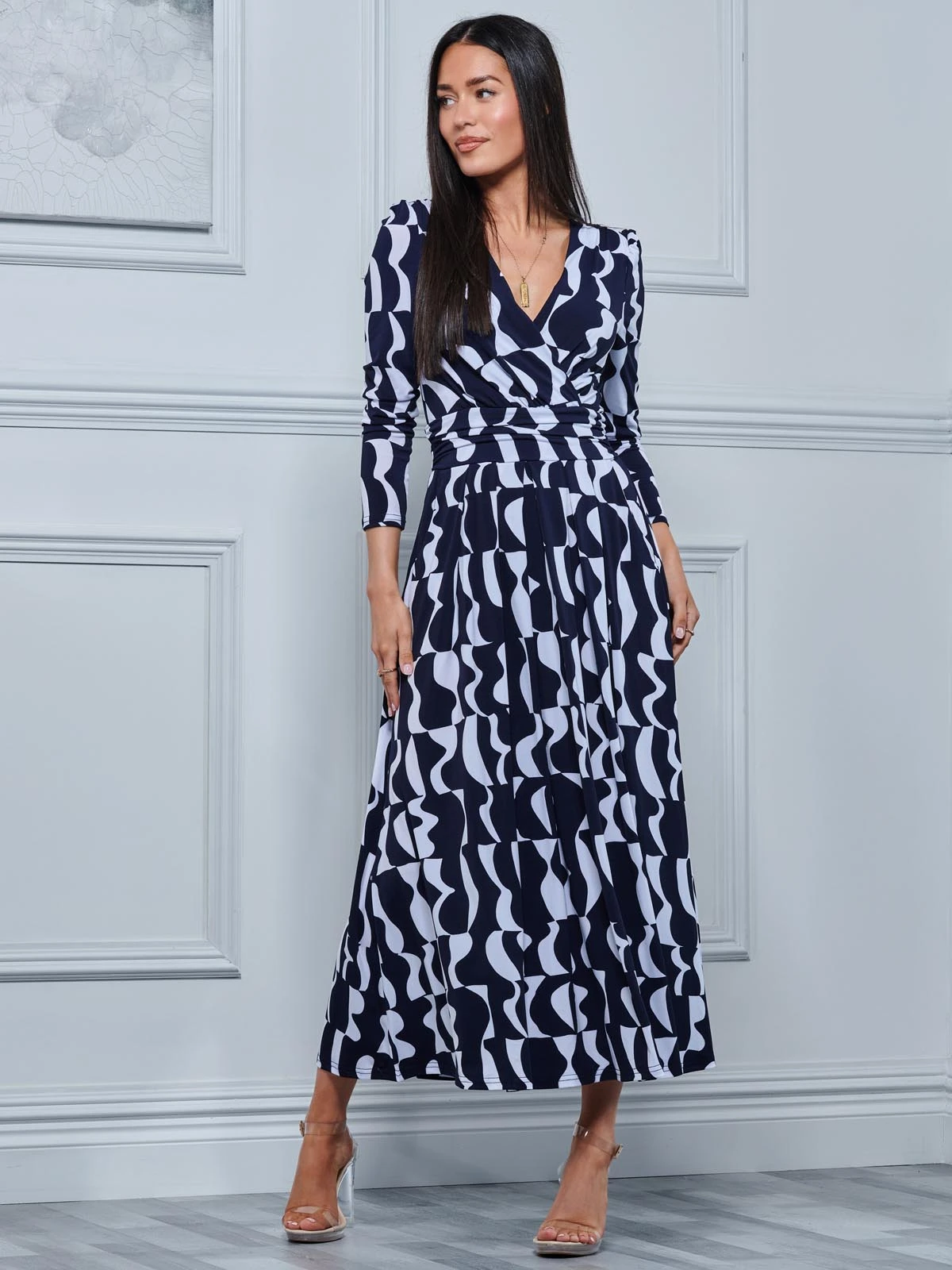 Geometric Print Long Sleeve Maxi Dress, Navy Geo 4 Geometric Print Long Sleeve Maxi Dress, Navy Geo - Image 4