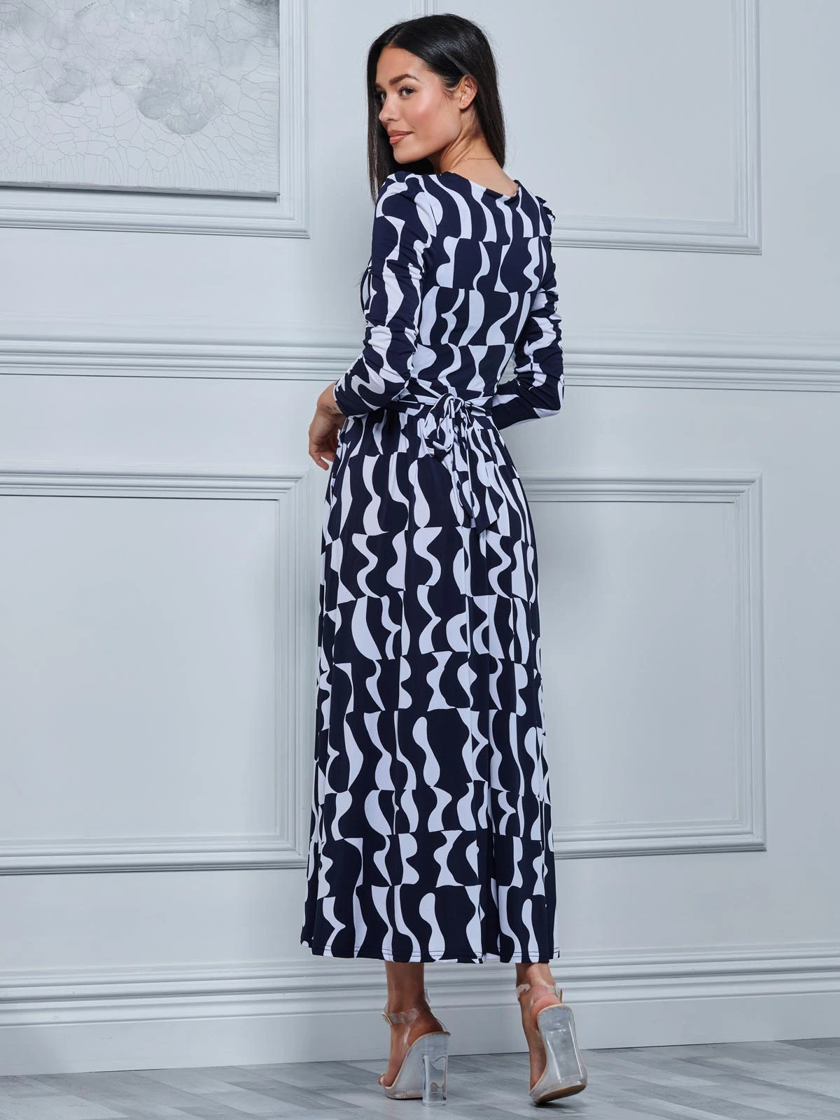 Geometric Print Long Sleeve Maxi Dress, Navy Geo 2 Geometric Print Long Sleeve Maxi Dress, Navy Geo - Image 2