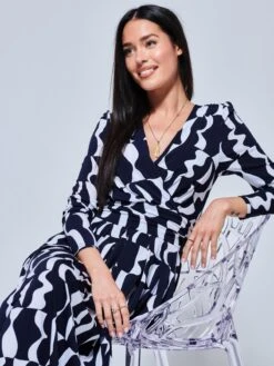 Geometric Print Long Sleeve Maxi Dress, Navy Geo 7 Geometric Print Long Sleeve Maxi Dress, Navy Geo -DORIA Clothing Shop G5041331 NavyGeo 3