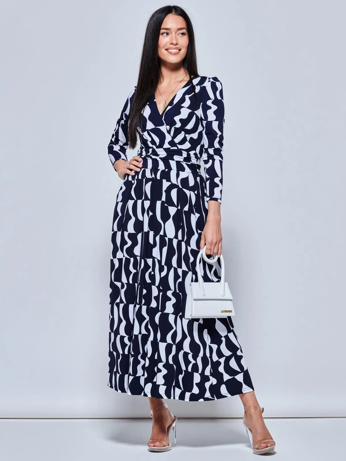 Geometric Print Long Sleeve Maxi Dress, Navy Geo 1 Geometric Print Long Sleeve Maxi Dress, Navy Geo