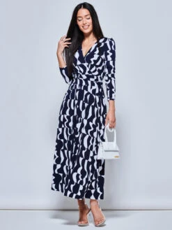 Geometric Print Long Sleeve Maxi Dress, Navy Geo 9 Geometric Print Long Sleeve Maxi Dress, Navy Geo -DORIA Clothing Shop G5041331 NavyGeo 5