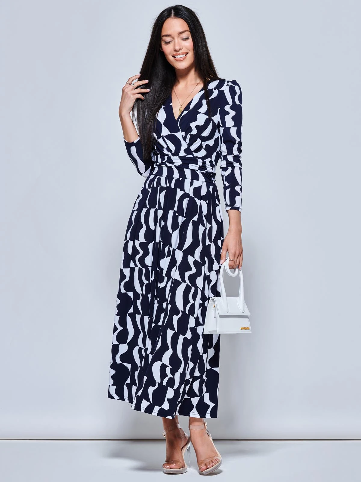 Geometric Print Long Sleeve Maxi Dress, Navy Geo 5 Geometric Print Long Sleeve Maxi Dress, Navy Geo - Image 5