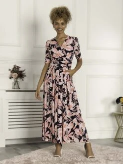 Saniya Print Jersey Maxi Dress, Navy Orange Floral -DORIA Clothing Shop G621 137 NavyOrangeFloral 3