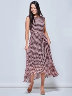 Pleated Chiffon High-Low Maxi Dress, Pink Geo -DORIA Clothing Shop GE106907 PinkGeo 5