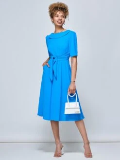 Jolie Moi Gemma Belted Midi Dress, Blue -DORIA Clothing Shop GH 1818 Blue 4
