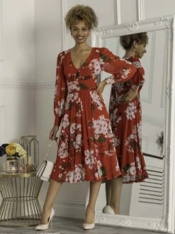 Jolie Moi Gianna Long Sleeve Mesh Midi Dress, Red Floral 10 Jolie Moi Gianna Long Sleeve Mesh Midi Dress, Red Floral -DORIA Clothing Shop GH 2378 RedFloral 1