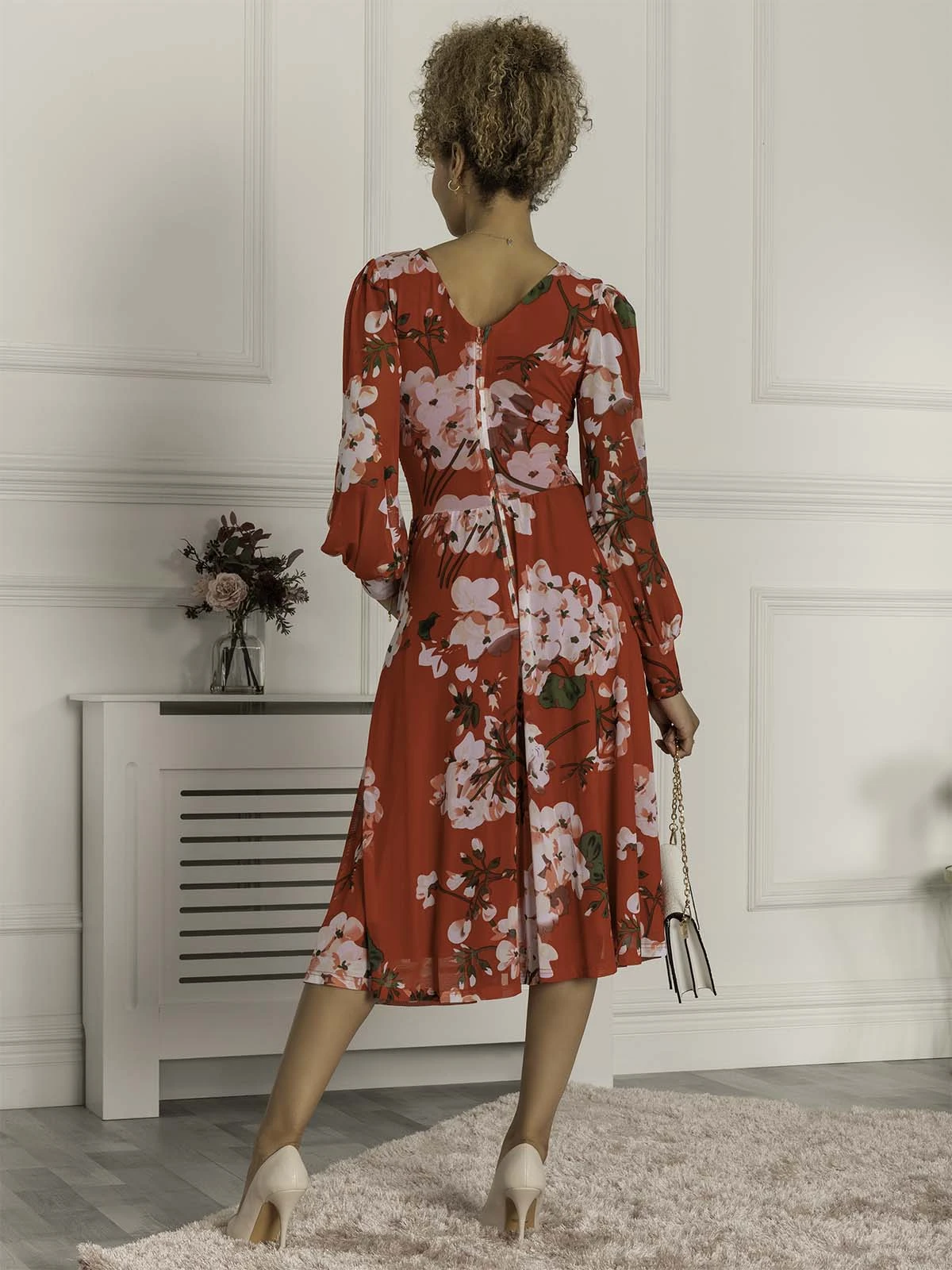 Jolie Moi Gianna Long Sleeve Mesh Midi Dress, Red Floral 2 Jolie Moi Gianna Long Sleeve Mesh Midi Dress, Red Floral - Image 2
