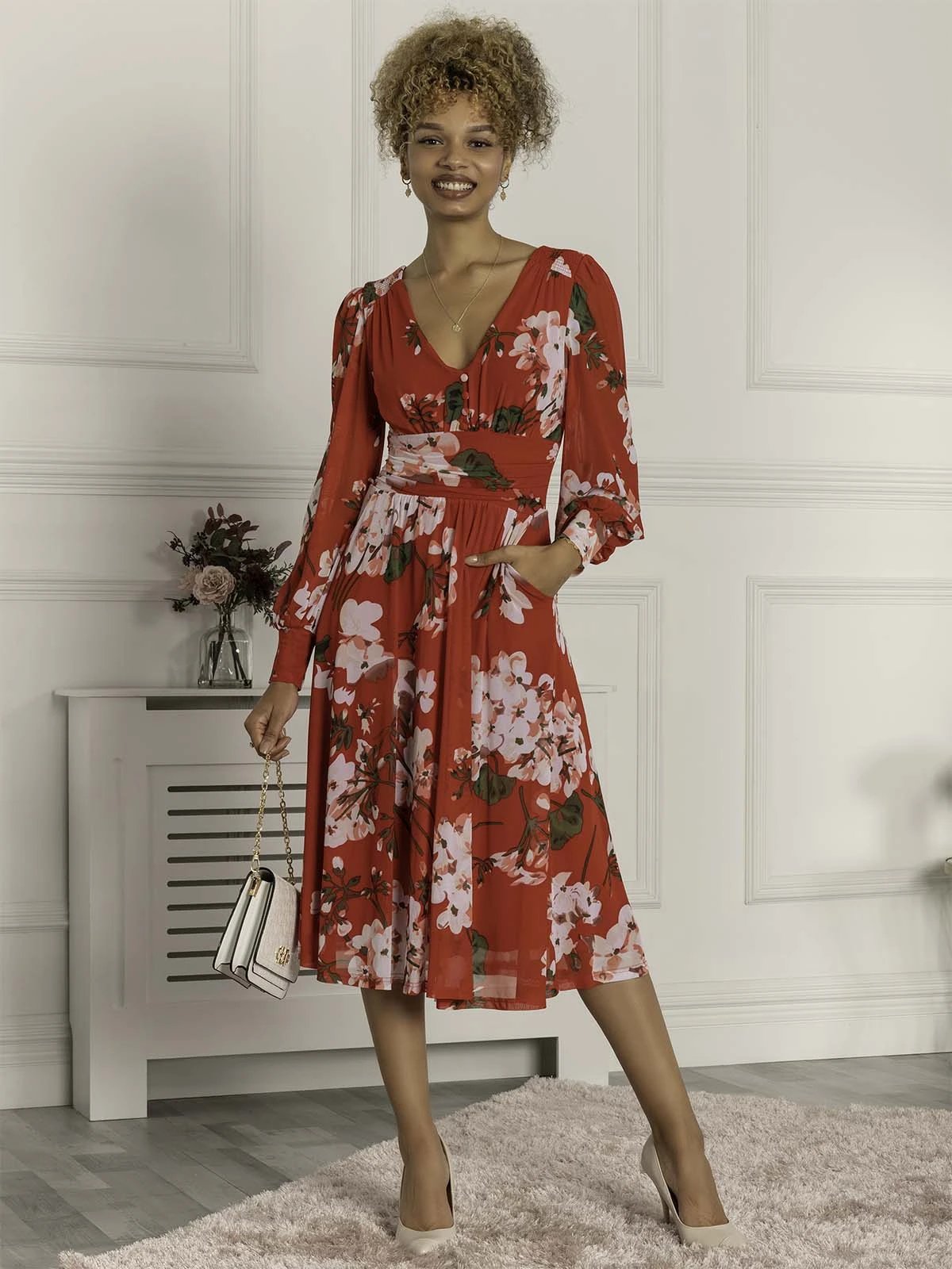 Jolie Moi Gianna Long Sleeve Mesh Midi Dress, Red Floral 1 Jolie Moi Gianna Long Sleeve Mesh Midi Dress, Red Floral