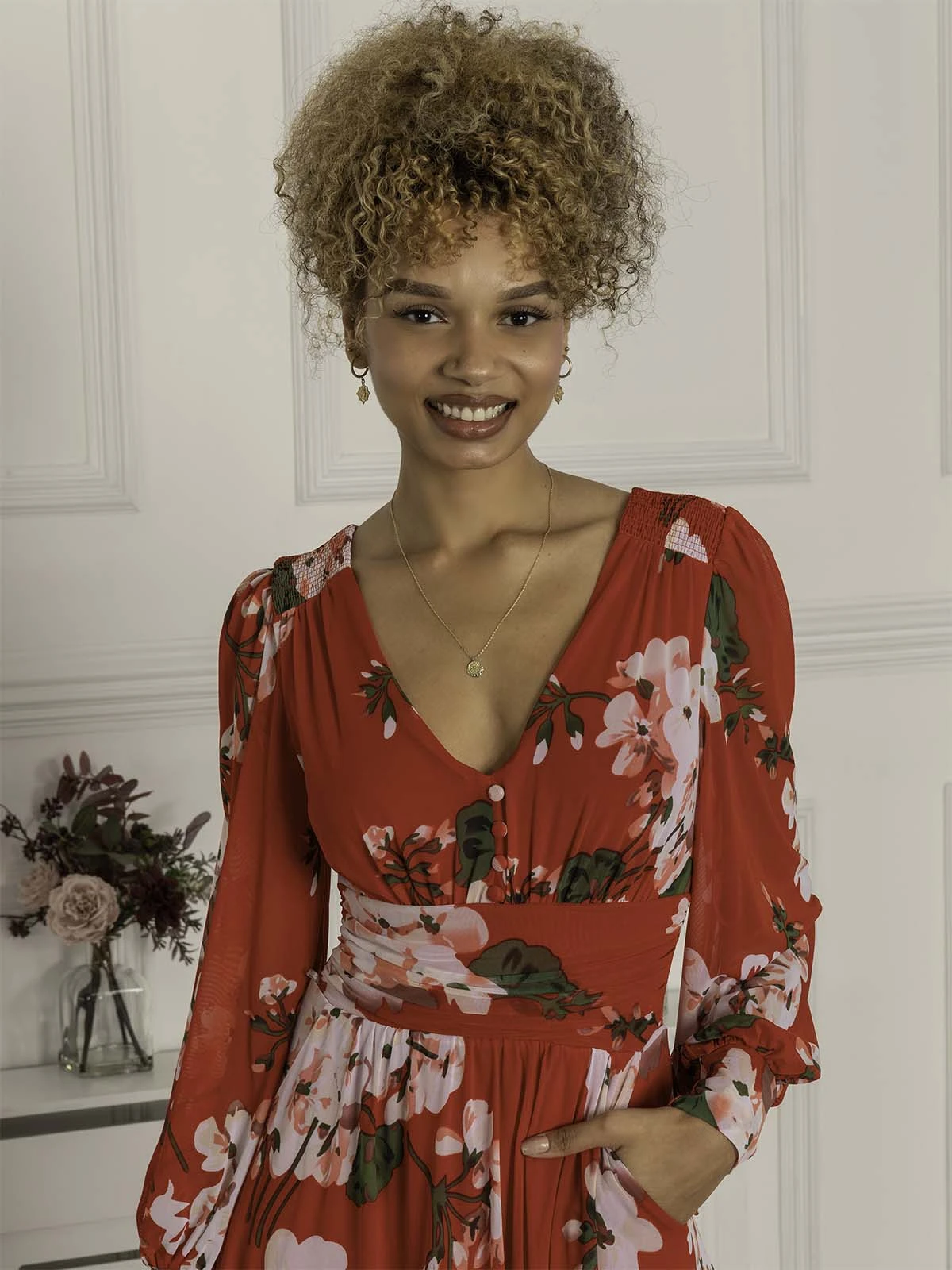 Jolie Moi Gianna Long Sleeve Mesh Midi Dress, Red Floral 6 Jolie Moi Gianna Long Sleeve Mesh Midi Dress, Red Floral - Image 6