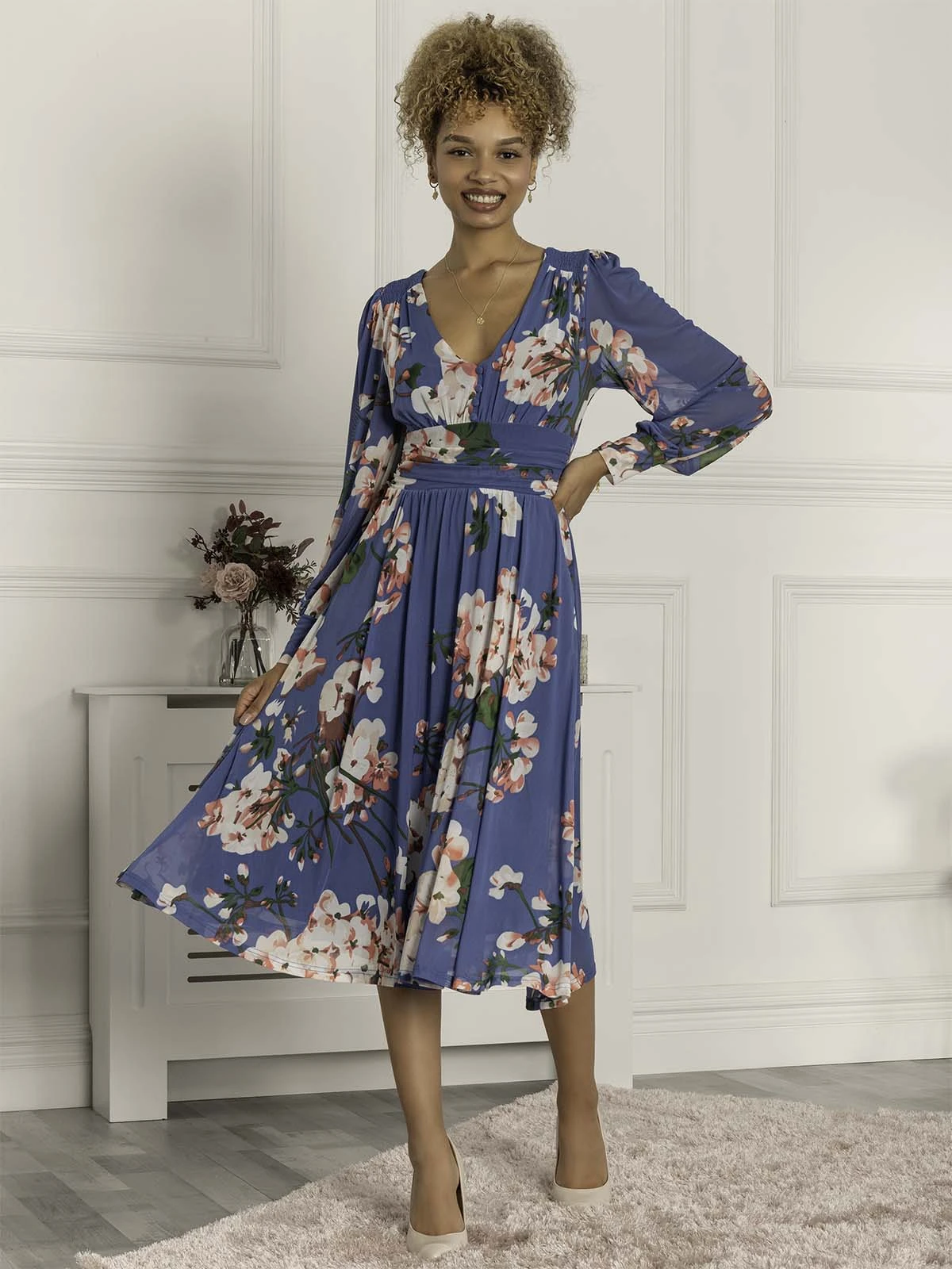 Gianna Long Sleeve Mesh Dress, Royal Blue 4 Gianna Long Sleeve Mesh Dress, Royal Blue - Image 4