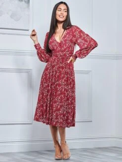 Jolie Moi Gianna Long Sleeve Mesh Midi Dress, Wine Floral -DORIA Clothing Shop GH 2378 WineFloral 1