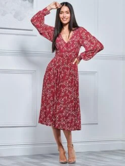 Jolie Moi Gianna Long Sleeve Mesh Midi Dress, Wine Floral -DORIA Clothing Shop GH 2378 WineFloral 4