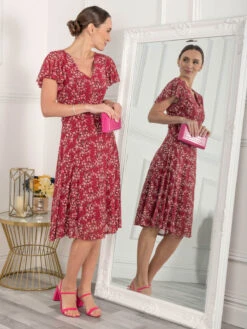Jolie Moi Grace Mesh Midi Dress, Wine Floral -DORIA Clothing Shop GH 8126WineFloral 2