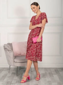 Jolie Moi Grace Mesh Midi Dress, Wine Floral -DORIA Clothing Shop GH 8126WineFloral 5