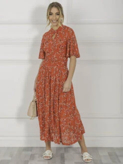 Jolie Moi Carina Key Hole Mesh Midi Dress, Red Floral -DORIA Clothing Shop GY 2389RedFloral 7