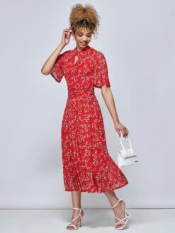 Jolie Moi Carina Key Hole Mesh Midi Dress, Red Floral -DORIA Clothing Shop GY 2389 RedFloral 4