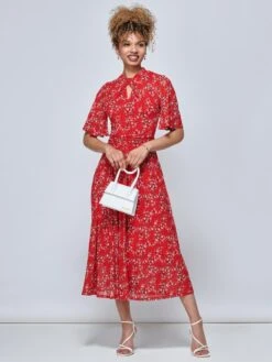 Jolie Moi Carina Key Hole Mesh Midi Dress, Red Floral -DORIA Clothing Shop GY 2389 RedFloral 5