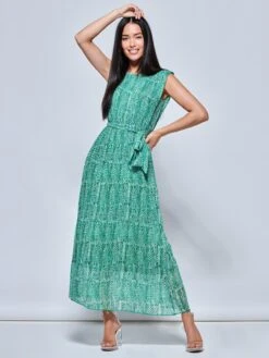 Hollyn Pleated Chiffon Maxi Dress, Green Abstract