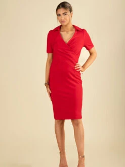Half Sleeve Cross Front Pencil Dress, Red -DORIA Clothing Shop H 153 1 Red 3