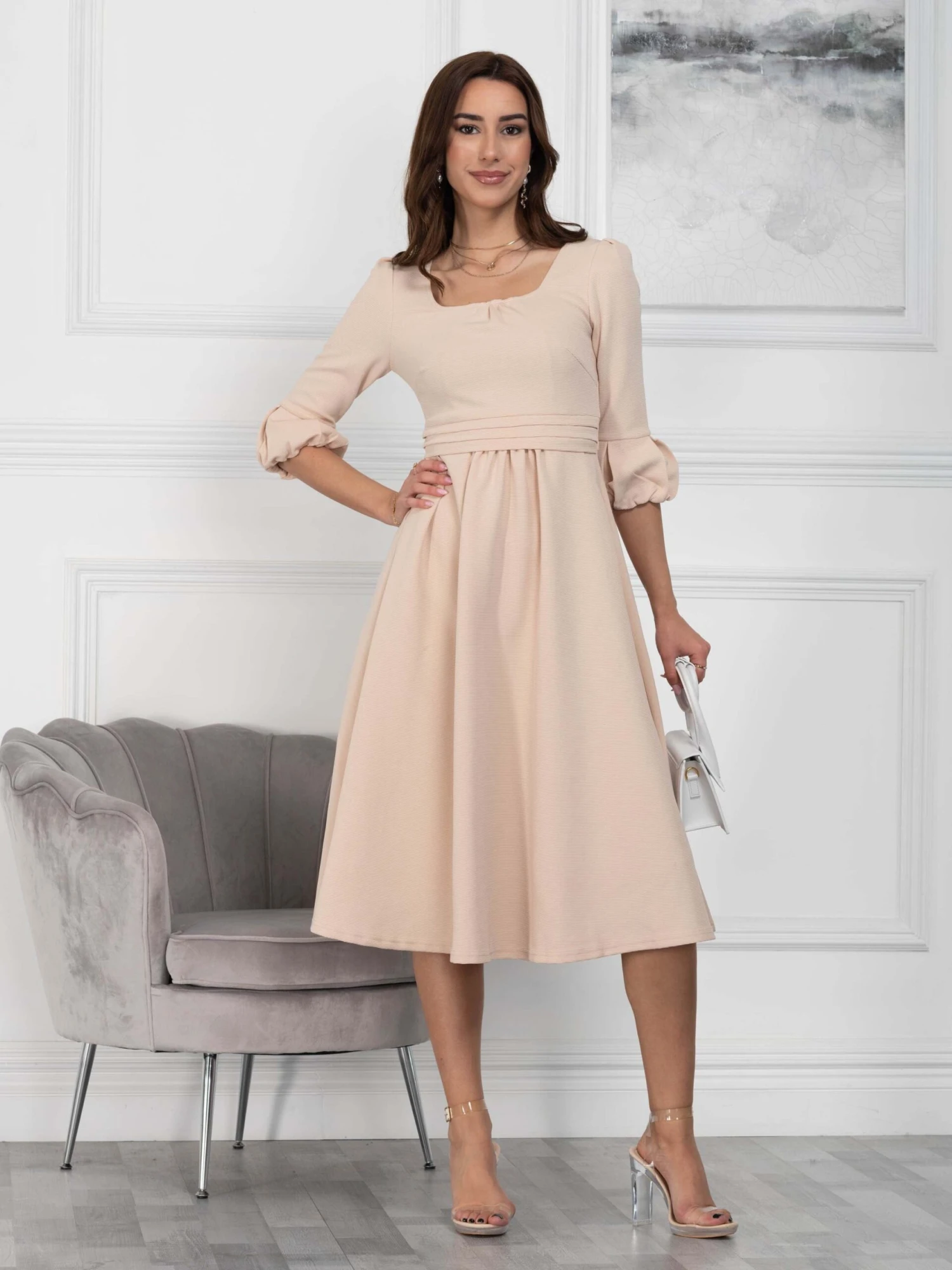 Jolie Moi Bell Sleeve Midi Dress, Oyster 2 Jolie Moi Bell Sleeve Midi Dress, Oyster - Image 2