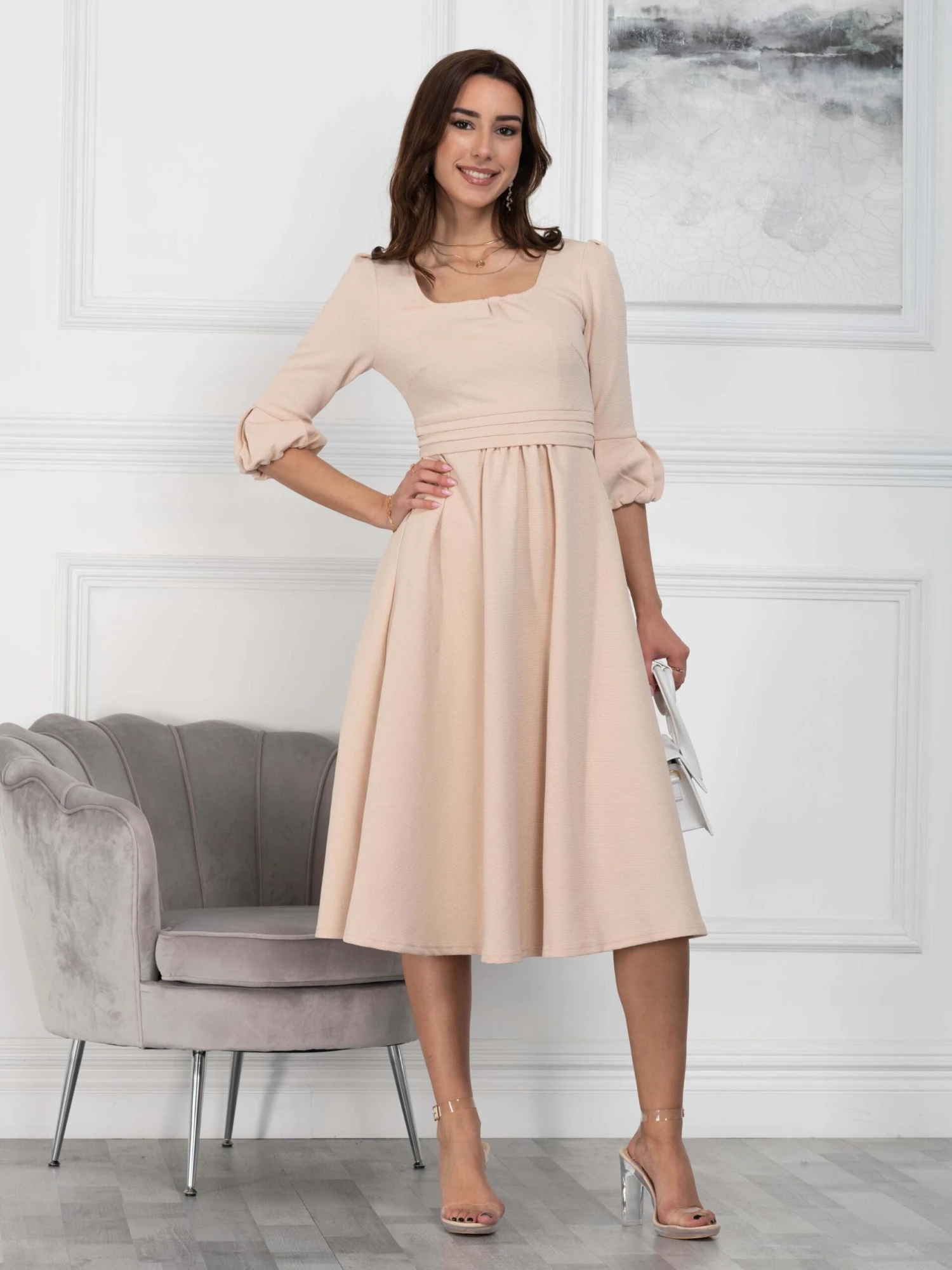 Jolie Moi Bell Sleeve Midi Dress, Oyster 3 Jolie Moi Bell Sleeve Midi Dress, Oyster - Image 3