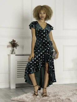 Frill Velvet Spot Dress, Green Spot