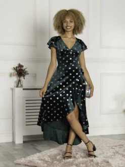 Frill Velvet Spot Dress, Green Spot -DORIA Clothing Shop H 8019 GreenSpot 5 R Web