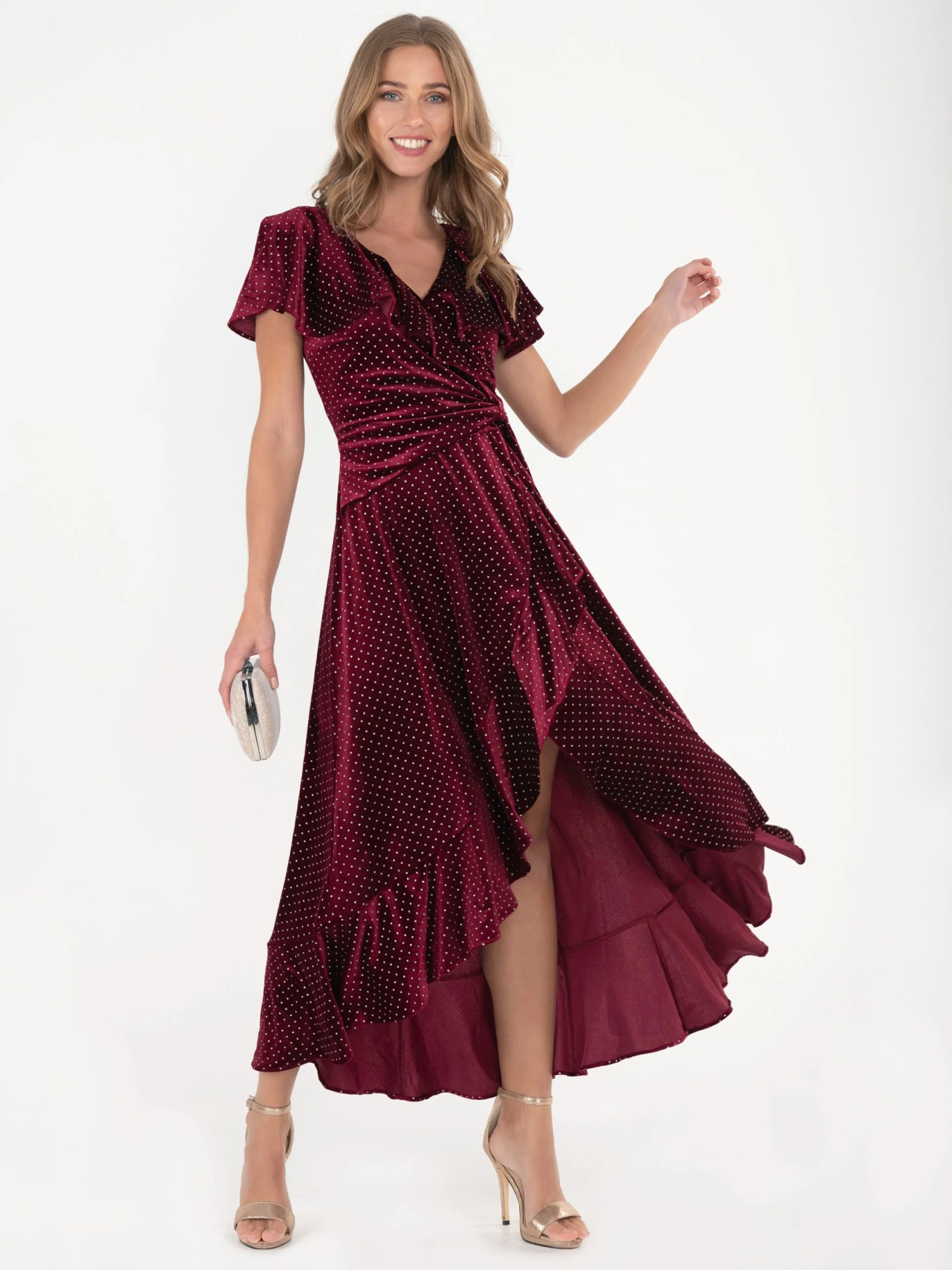 Jolie Moi Metallic Spot Print Velvet Dress, Burgundy 2 Jolie Moi Metallic Spot Print Velvet Dress, Burgundy - Image 2