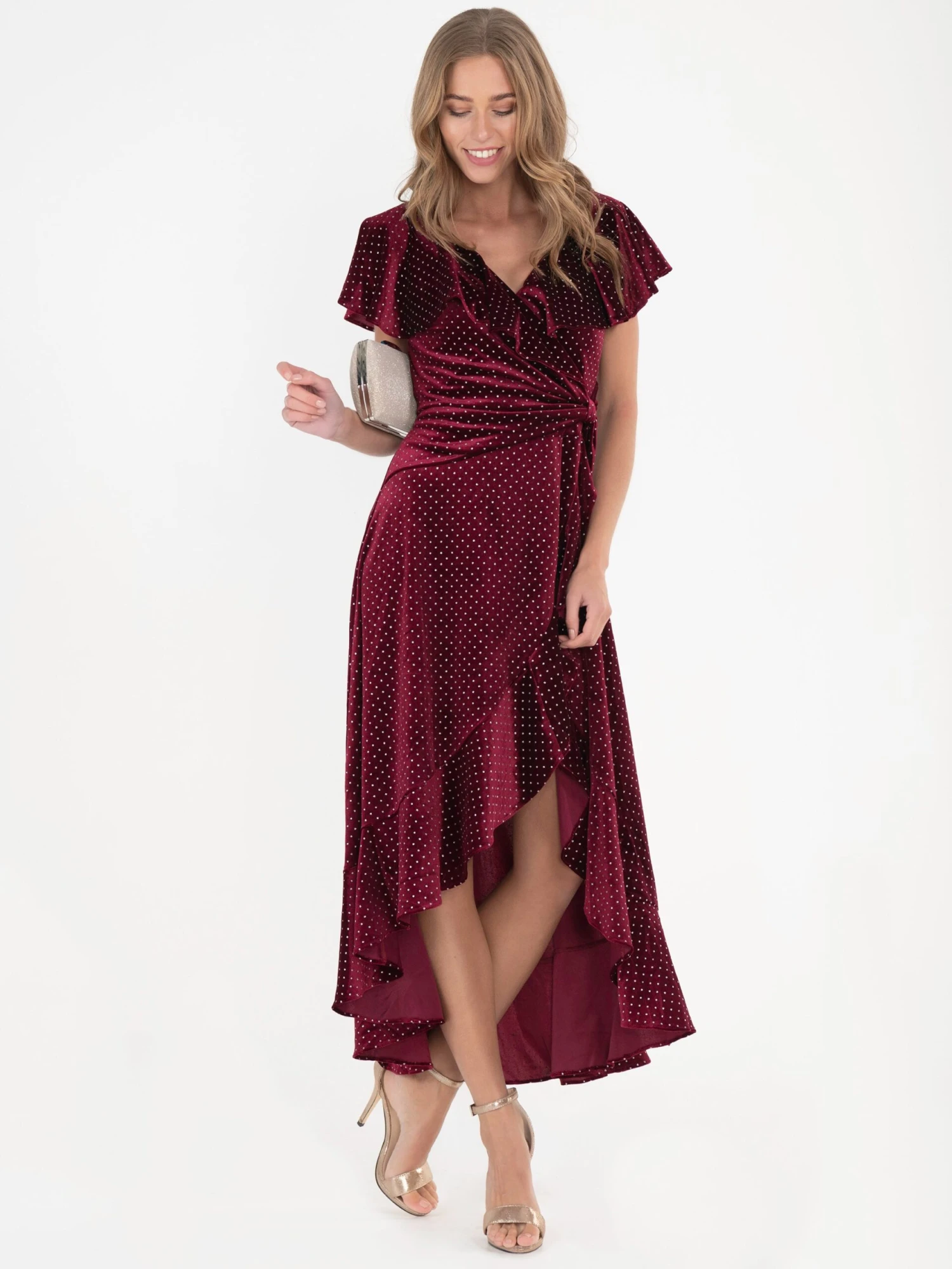 Jolie Moi Metallic Spot Print Velvet Dress, Burgundy 3 Jolie Moi Metallic Spot Print Velvet Dress, Burgundy - Image 3