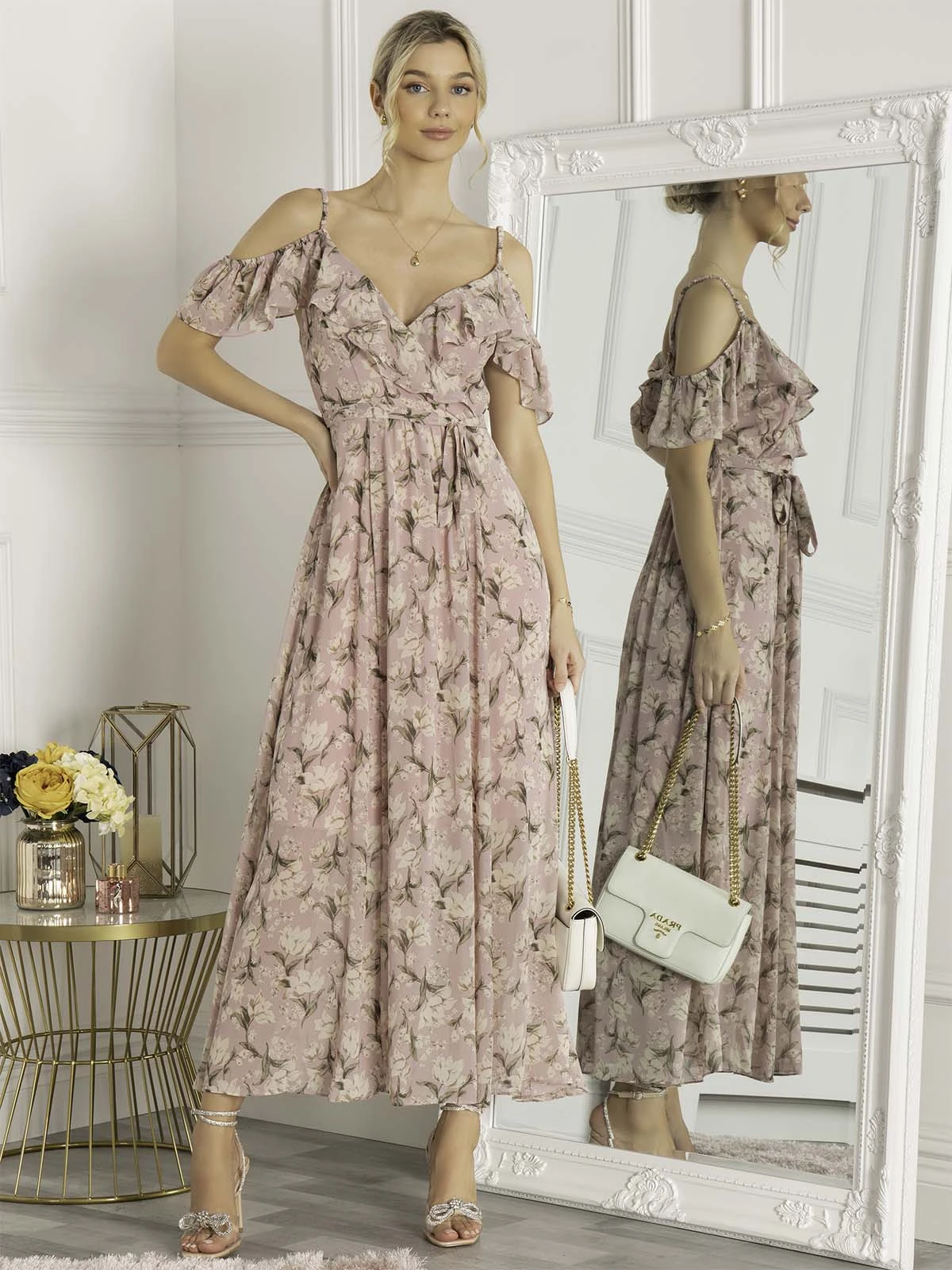 Antonella Frill Chiffon Maxi Dress, Pink Multi 3 Antonella Frill Chiffon Maxi Dress, Pink Multi - Image 3