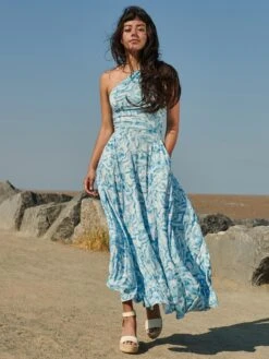 Marble Print One Shoulder Maxi Dress, Blue Multi -DORIA Clothing Shop H3921023 BlueMulti 1