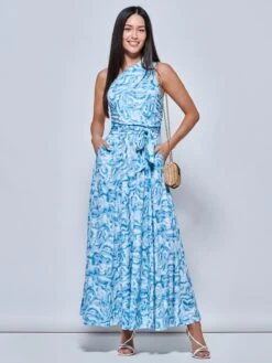 Marble Print One Shoulder Maxi Dress, Blue Multi -DORIA Clothing Shop H3921023 BlueMulti 5