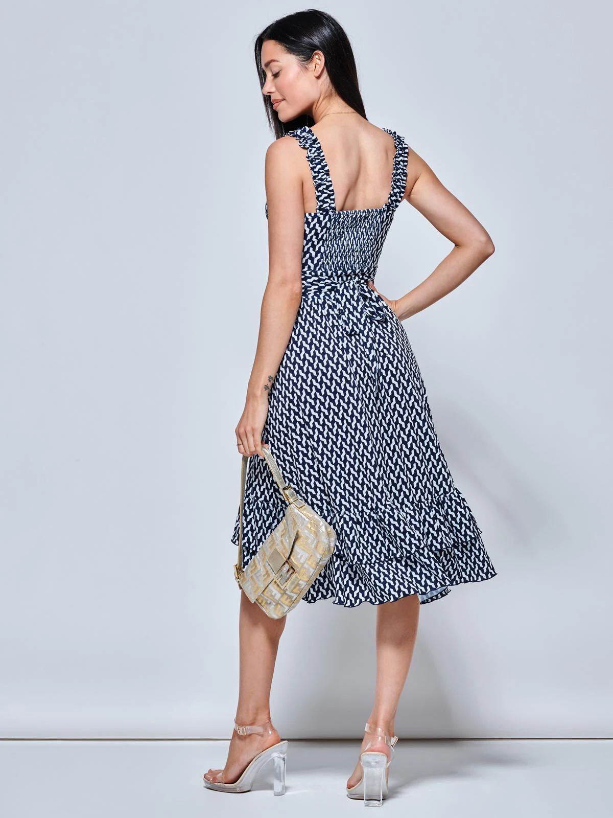 Harleen Sleeveless Tiered Midi Dress, Navy Geo 2 Harleen Sleeveless Tiered Midi Dress, Navy Geo - Image 2