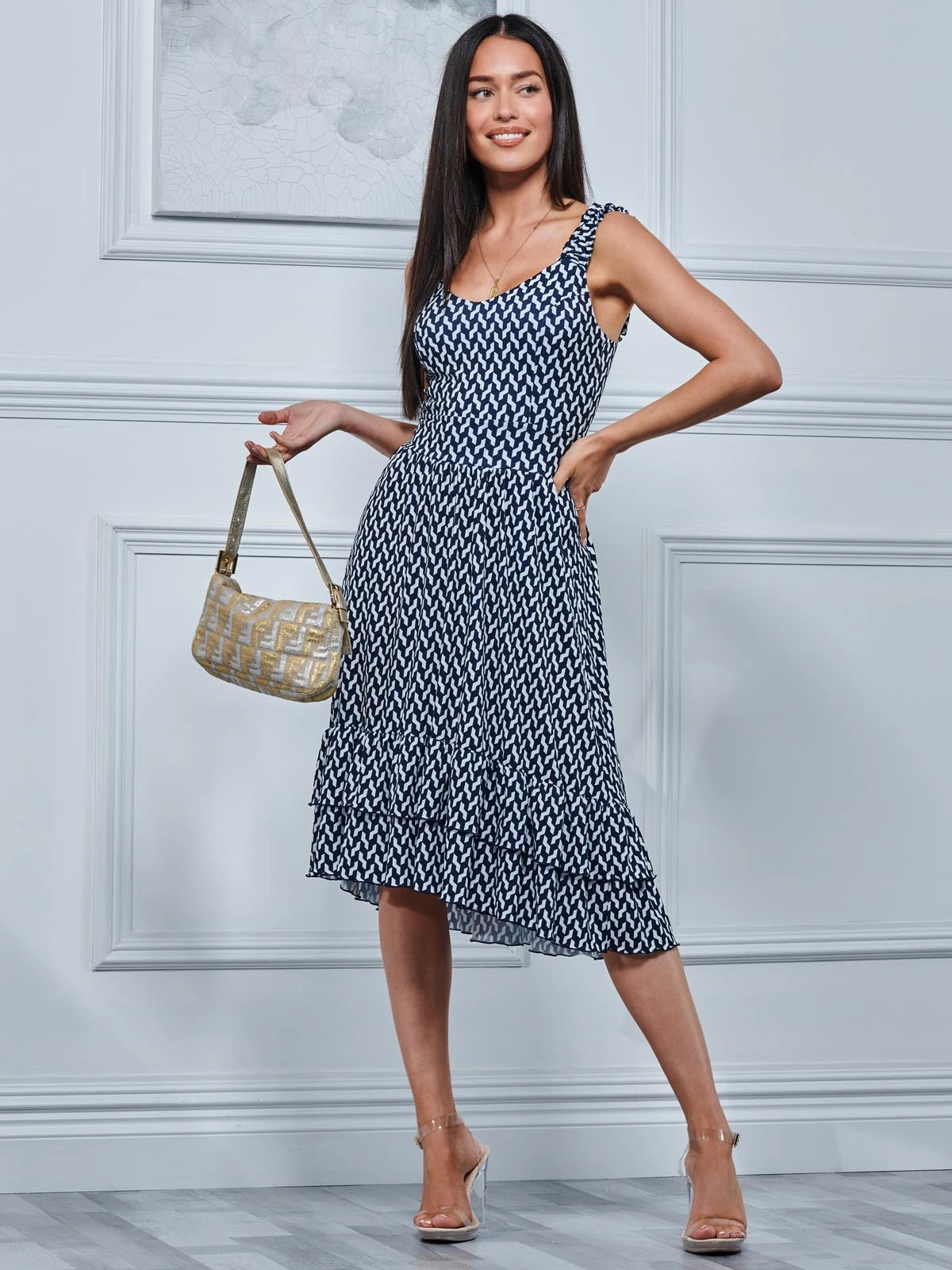 Harleen Sleeveless Tiered Midi Dress, Navy Geo 1 Harleen Sleeveless Tiered Midi Dress, Navy Geo