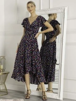 Luciana Frilly Dipped Hem Dress, Navy Polka Dot 7 Luciana Frilly Dipped Hem Dress, Navy Polka Dot -DORIA Clothing Shop HG 9270 NavyPolkaDot 1