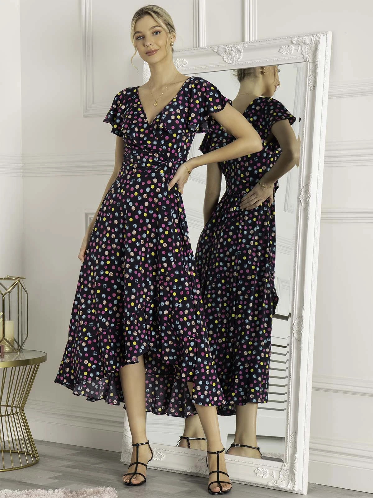 Luciana Frilly Dipped Hem Dress, Navy Polka Dot 3 Luciana Frilly Dipped Hem Dress, Navy Polka Dot - Image 3