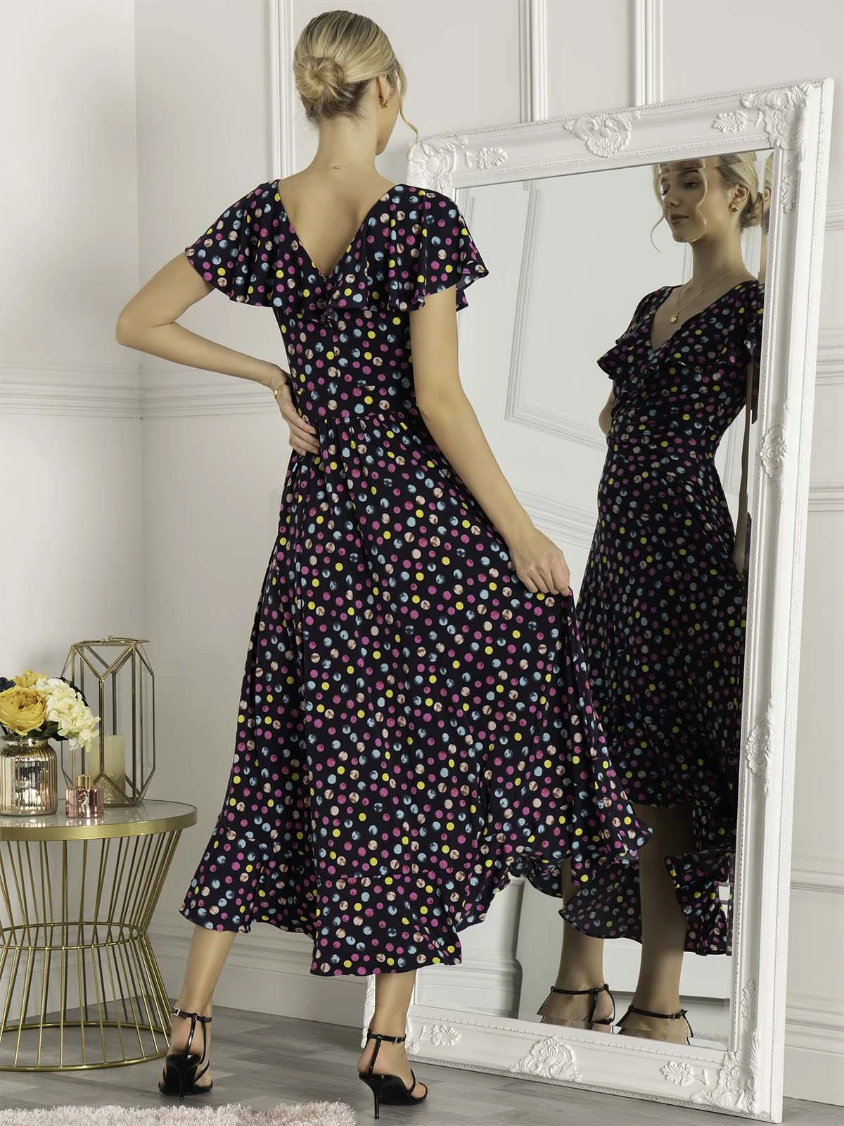 Luciana Frilly Dipped Hem Dress, Navy Polka Dot 2 Luciana Frilly Dipped Hem Dress, Navy Polka Dot - Image 2