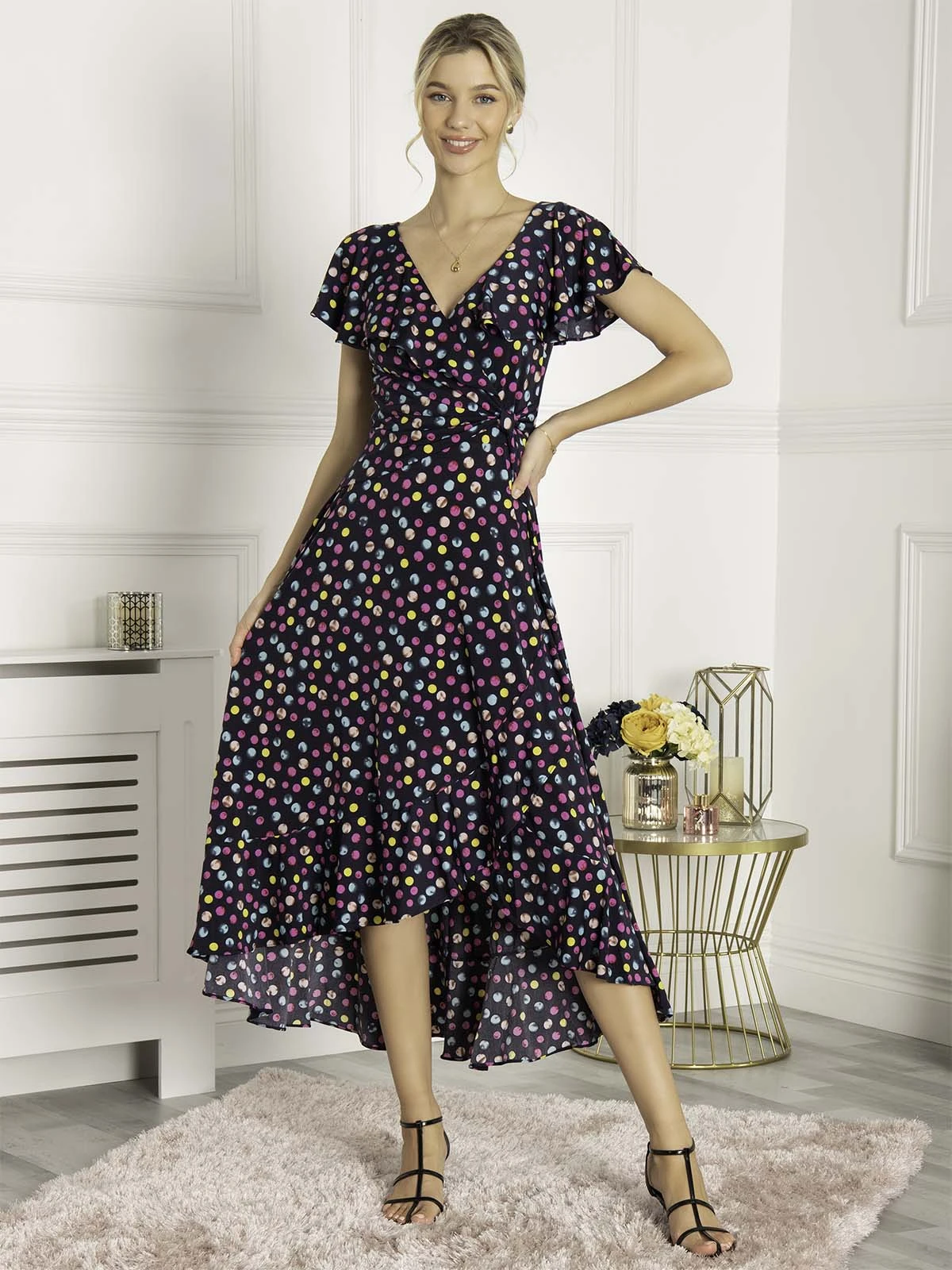 Luciana Frilly Dipped Hem Dress, Navy Polka Dot 1 Luciana Frilly Dipped Hem Dress, Navy Polka Dot