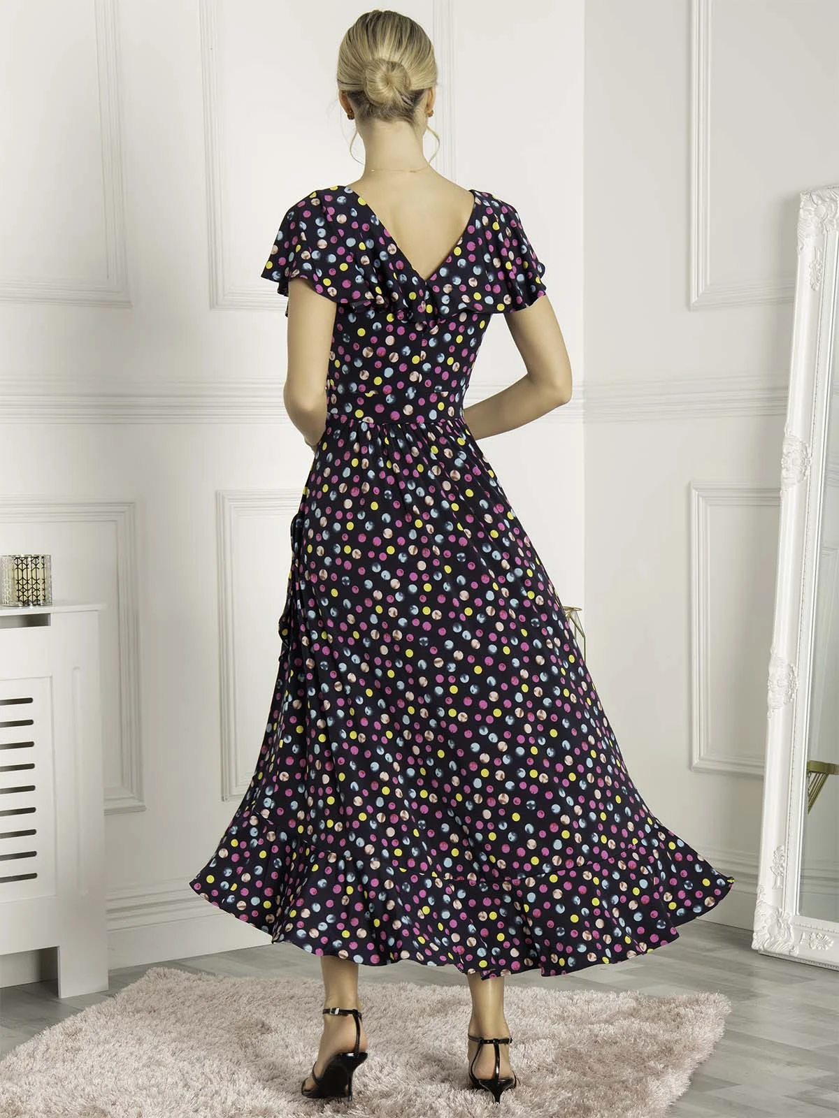 Luciana Frilly Dipped Hem Dress, Navy Polka Dot 4 Luciana Frilly Dipped Hem Dress, Navy Polka Dot - Image 4