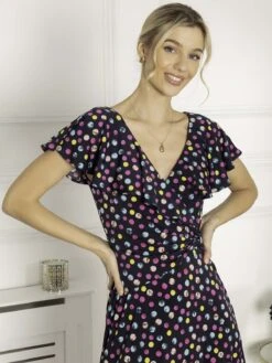 Luciana Frilly Dipped Hem Dress, Navy Polka Dot 9 Luciana Frilly Dipped Hem Dress, Navy Polka Dot -DORIA Clothing Shop HG 9270 NavyPolkaDot 5