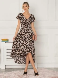 Jolie Moi Luciana Frilly Dipped Hem Dress, Pink Animal