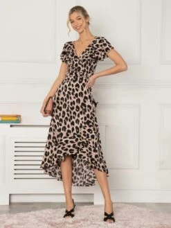 Jolie Moi Luciana Frilly Dipped Hem Dress, Pink Animal -DORIA Clothing Shop HG 9270 PinkAnimal 4