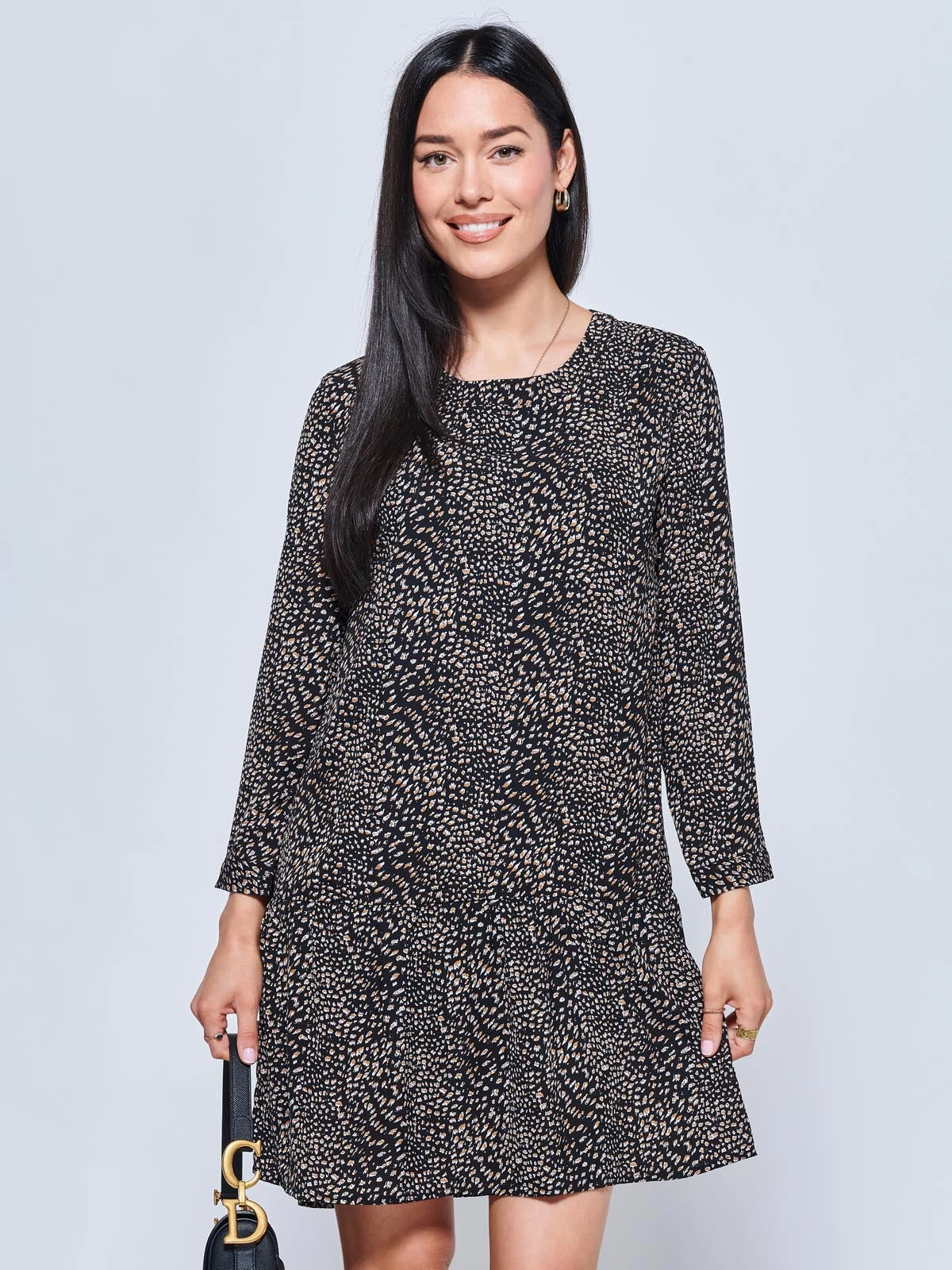 Jolene Tiered Hem Tunic Dress, Black Animal 3 Jolene Tiered Hem Tunic Dress, Black Animal - Image 3