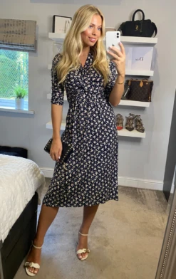 Jolie Moi Printed Knot Front Dress, Black Leafy -DORIA Clothing Shop HV 1611BLACKLEAFY 1