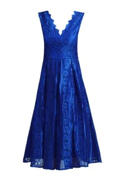 Scalloped V Neck Lace Dress, Royal Blue