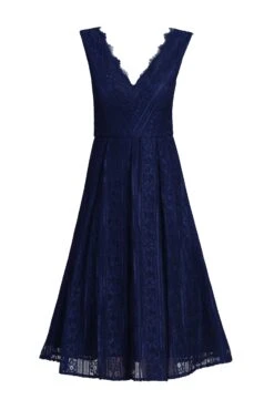 Scalloped V Neck Lace Dress, Navy